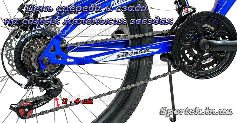 Визначення довжини ланцюга велосипеда методом спереду і ззаду на найменші зірки 