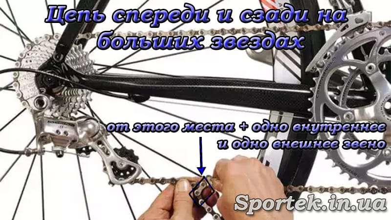 Определение длины цепи велосипеда методом спереди и сзади на самые большие звезды