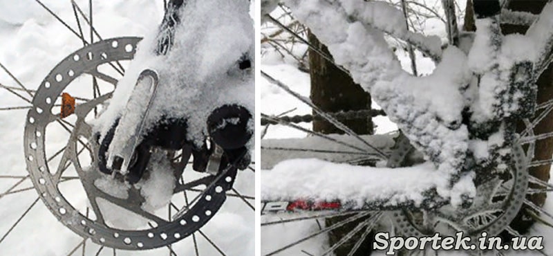 Дисковые тормоза на велосипеде в снегу