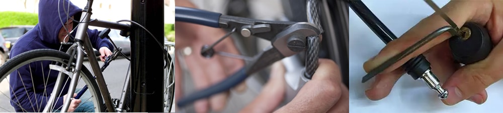 Как перекусывают трос велосипедного замка или вскрывают его отмычкой