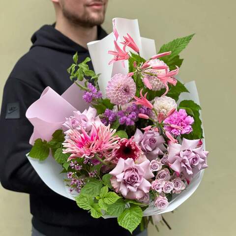 Bouquet «Lavender breeze», Flowers: Rose, Gerbera, Merine, Bush Rose, Chrysanthemum, Dianthus, Chamelaucium