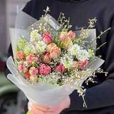 Photo of Bouquet of crisp peony tulips and fragrant lilac «Spring Ray»