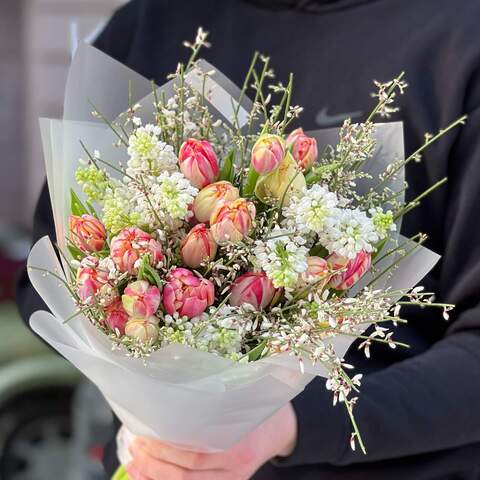 Bouquet of crisp peony tulips and fragrant lilac «Spring Ray», Flowers: Genista, Syringa, Tulipa
