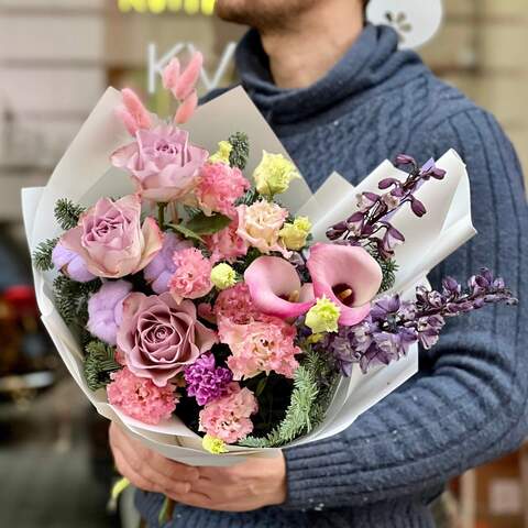 Violet-pink bouquet with delphiniums and gossypium «Quartz treasure», Flowers: Zantedeschia, Rose, Gossypium, Delphinium, Eustoma, Hyacinthus, Lagurus
