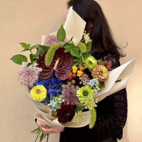 Interesting bouquet with anthuriums «Enchanted Garden», Flowers: Anthurium, Hydrangea, Zinnia, Setaria, Sandersonia, Daucus, Rubus Idaeus, Dahlia, Oxypetalum, Rubus