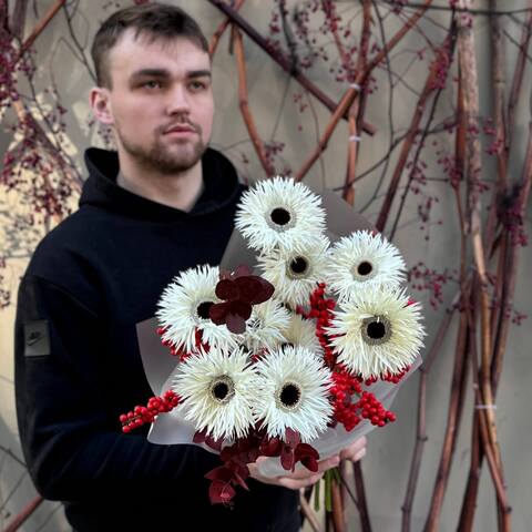 Photo of Interesting bouquet with gerberas «Silver Web»