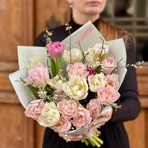 Photo of Delicate bouquet of peony-shaped tulips and blooming twigs «Janapese Spring»
