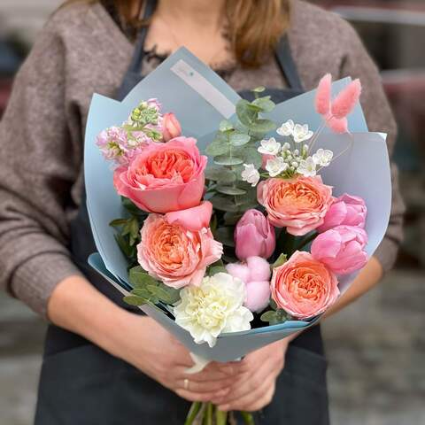 Lovely bouquet with peony roses and tulips «Ruddy compliment», Flowers: Pion-shaped rose, Tulipa, Gossypium, Matthiola, Allium, Dianthus, Eucalyptus, Lagurus