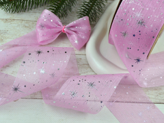 Органза з фактурними складками та срібними сніжинками рожева 60 мм