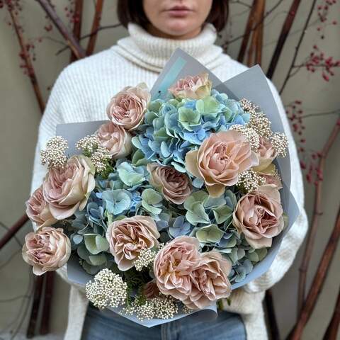 Watercolor bouquet with hydrangea «Gentle Autumn», Flowers: Ozothamnus, Hydrangea, Rose of Notre Dame variety