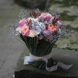 Photo of Sheaf for connoisseurs of country style with white hydrangea and roses vovuzela
