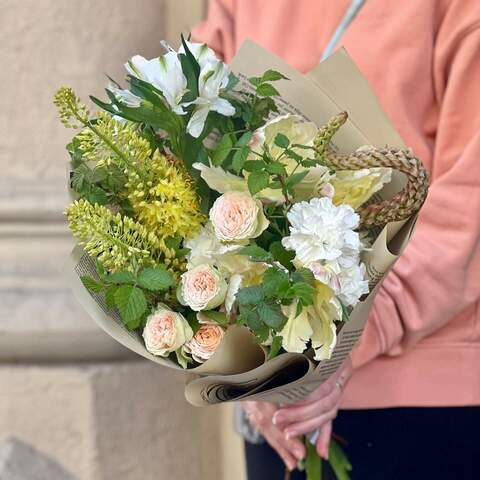 Pastel bouquet with eremurus and spray roses «Fantastic mood», Flowers: Dianthus, Alstroemeria, Peony Spray Rose, Tulipa