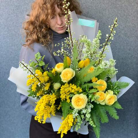Bouquet «You are my Sun!», Flowers: Bush Rose, Ambrella, Syringa, Mimosa, Pittosporum