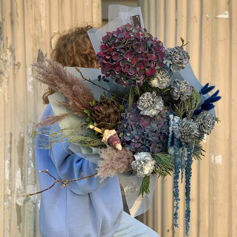 Bouquet «Blue hoarfrost», Flowers: Hydrangea, Artishok, Dianthus, Amaranthus, Lagurus, Mimosa