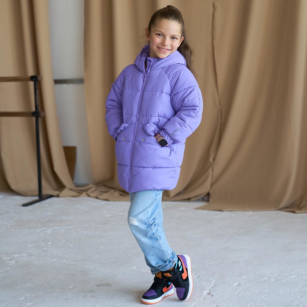 Дитяча подовжена зимова куртка в фіолетовому кольорі для дівчинки