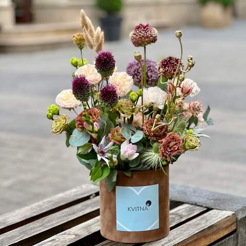 Interesting composition with eustomas and freesias «Spicy Chocolate», Flowers: Dianthus, Papaver, Lagurus, Allium, Achillea, Peony Spray Rose, Helianthus, Freesia, Eustoma