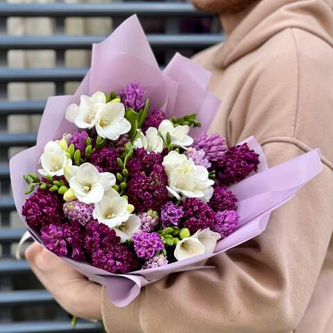Bouquet of 27 hyacinths and freesias «Purple Luxury», Flowers: Hyacinthus, Freesia