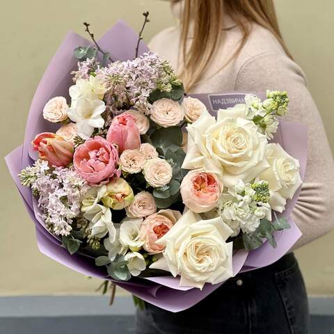 Bouquet «Spring dawn», Flowers: Tulip pion-shaped, Syringa, Matthiola, Freesia, Rose, Eucalyptus, Prunus
