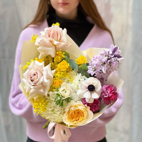 Bouquet «Bright and delicate», Flowers: Hydrangea, Anemone, Pion-shaped rose, Mimosa, Bush Rose, Delphinium