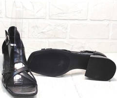 Кожаные сандали женские босоножки на каблуке с квадратным носом Evromoda 166606 Black Leather.