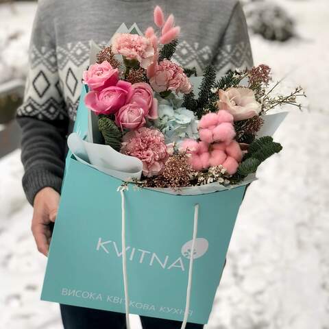 Photo of Cute pink and blue bouquet with hydrangea, anemone and peony roses «Ruddy Hannusya»