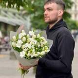 Photo of White fragrant bouquet with freesias and tulips «Scent of Spring»