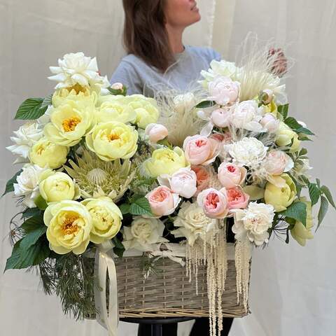 Flower basket «Enchanting rumba», Flowers: Pion-shaped rose, Paeonia, Stipa, Protea, Rose, Dianthus, Amaranthus, Raspberry twigs