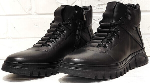 Высокие кроссовки ботинки зимние мужские. Черные крос совки ботинки натуральная кожа натуральный мех Komcero Black.