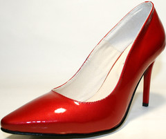 Красные лодочки на каблуке 10 см. Кожаные туфли лодочки лаковые. Женские туфли на устойчивом каблуке El Passo Red Lacquer.