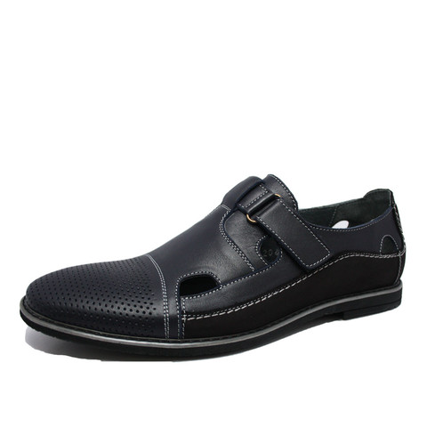 Мужские летние туфли сандали кожаные Икос. На липучках, темно синий/черный цвета.