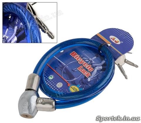 Велозамок с ключом на стальном тросе 10 х 550 мм с виниловым покрытием - синий