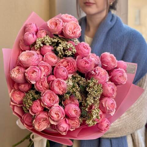 Bright bouquet of Silva Pink spray peony roses «Raspberry Passion», Flowers: Viburnum, Peony Spray Rose of Silva Pink variety