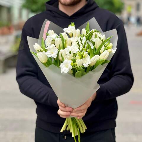 Photo of White fragrant bouquet with freesias and tulips «Scent of Spring»