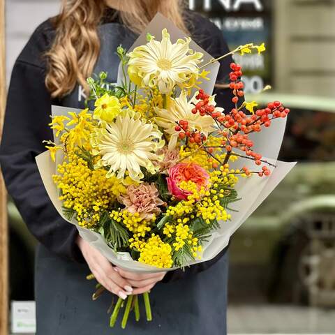 Bright bouquet with mimosa and gerberas «Sunny butterfly», Flowers: Mimosa, Gerbera, Ilex, Dianthus, Pion-shaped rose, Ranunculus, Forsythia