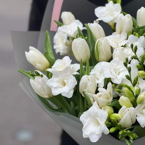 Photo of White fragrant bouquet with freesias and tulips «Scent of Spring»