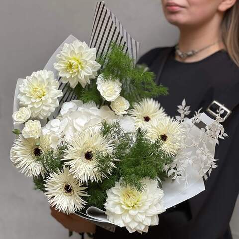 Interesting white bouquet «Milky Breeze», Flowers: Dahlia, Gerbera, Asparagus, Dianthus, Hydrangea, Ruscus