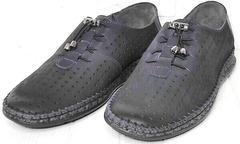 Кэжуал стиль мужские туфли слипоны. Кожаные туфли мокасины с перфорацией Luciano Bellini - Black Blue Nubuck