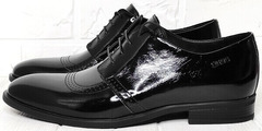 Чорні туфлі чоловічі шкіряні. Лакові туфлі дербі броги. Блискучі туфлі нареченого Ikos Black Lacquer Leather.