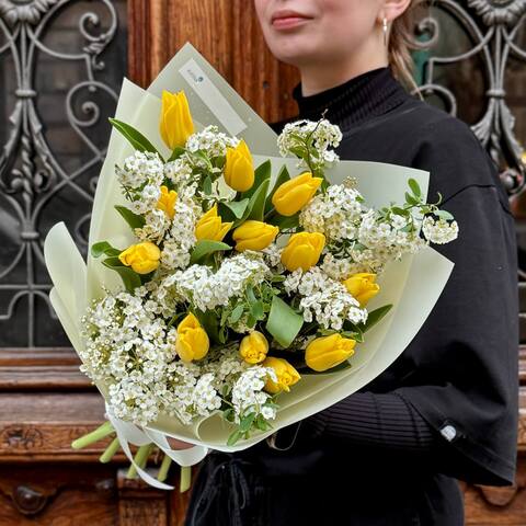 13 tulips in a bouquet «Aromatic Sun», Flowers: Tulipa - 13 pcs., Spiraea
