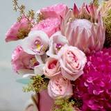 Photo of Huge pink composition with hydrangea and pion-shaped garden roses