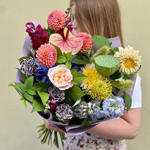 Bouquet «Summer colors», Flowers: Hydrangea, Pion-shaped rose, Leucospermum, Antirinum, Anthurium, Dianthus, Delphinium, Nelumbo, Setaria, Dahlia