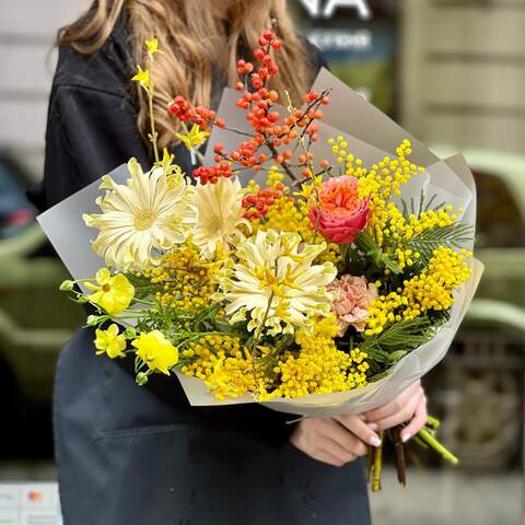 Photo of Bright bouquet with mimosa and gerberas «Sunny butterfly»
