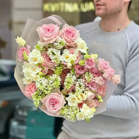 Bouquet of fragrant lilac and peony roses «Marshmallow for Oksanka», Flowers: Syringa, Pion-shaped rose, Eustoma, Dianthus, Freesia