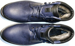 Зимові шкіряні черевики чоловічі. Високі черевики з хутром. Сині черевики на шнурках Ікос BlueBlack.
