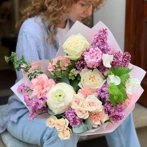 Bouquet «Tender Irina», Flowers: Rose, Syringa, Paeonia, Dianthus, Bush Rose, Limonium