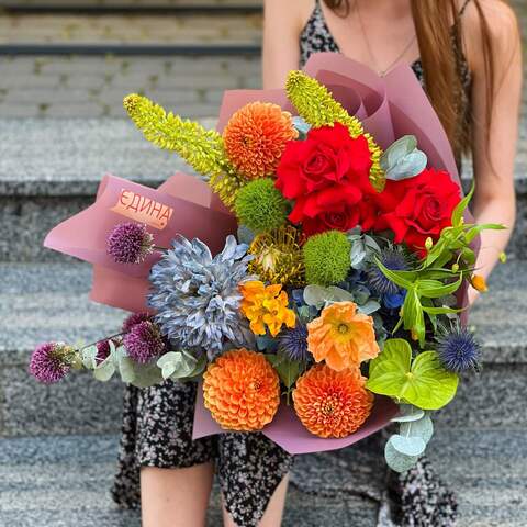 Bouquet «Joy for Olga», Flowers: Dahlia, Rose, Chrysanthemum, Hydrangea, Sandersonia, Allium, Dianthus, Eucalyptus
