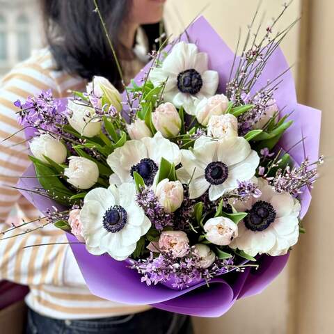 Delicate bouquet with tulips and anemones «Morning kiss», Flowers: Anemone, Tulipa, Genista