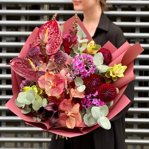 Bouquet «Cherry chocolate», Flowers: Anthurium, Hydrangea, Dahlia, Antirinum, Phalaenopsis, Zantedeschia, Phlox