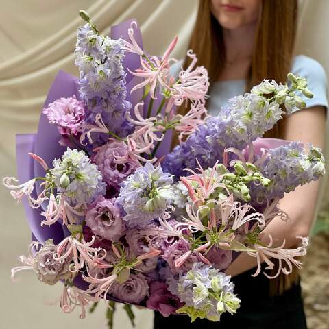 Light voluminous bouquet with exotic nerine «Lace Veil», Flowers: Nerine, Delphinium, Eustoma