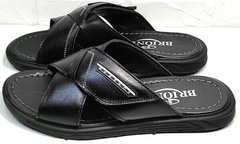 Кожаные сандали мужские шлепанцы из натуральной кожи Brionis 155LB-7286 Leather Black.